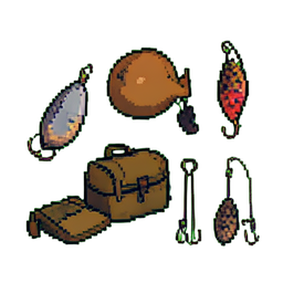 Juego de señuelos de pesca — sprite pixel art 256×256