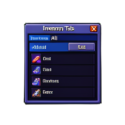 Todas as abas do Inventário — sprite pixel art 256×256