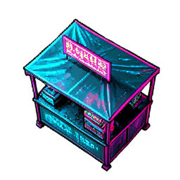 Puesto del mercado (Cyberpunk) — sprite pixel art 256×256
