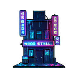 Sinal holográfico de barraca de fideos — sprite pixel art 256×256