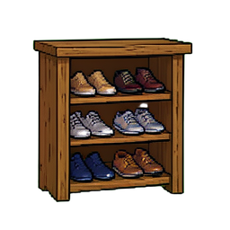 Étagère à chaussures rustique — sprite pixel art 256×256