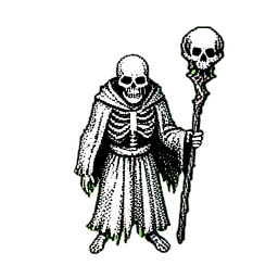 Skelett-Magier (1-Bit) — 256×256 Pixel-Art-Sprite