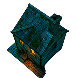 Steinhaus (Cinematisch) — 256×256 Pixel-Art-Sprite