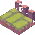 Voxel-Schloss Fliese A — 117×118 Pixel-Art-Sprite
